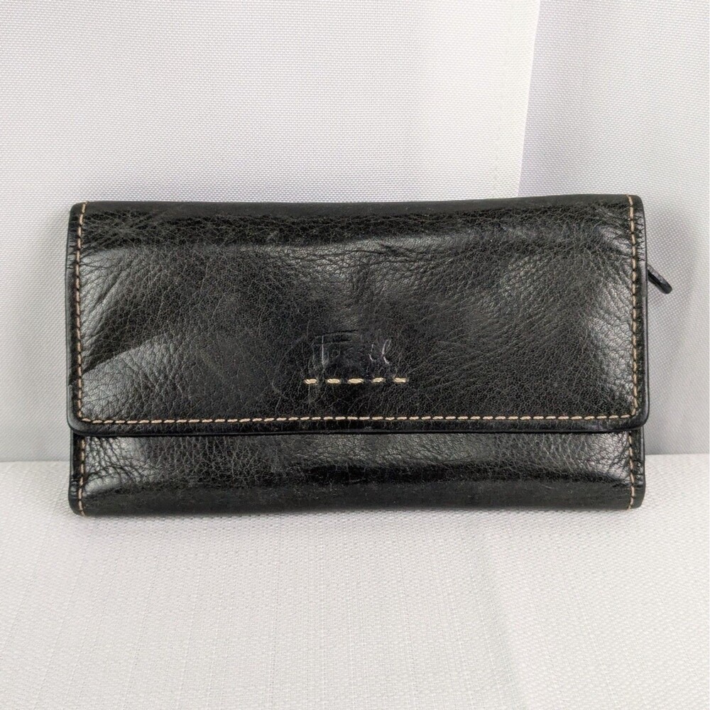 Vintage Fossil Women's Trifold Wallet Black Genuine Leather Y2K